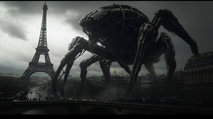 Huge Biomechanical evil monsters take over Paris, under the Eiffel tower, terrorising the city made of metal, steel and electronics of alien natureHuge Biomechanical evil monsters, Generative AI