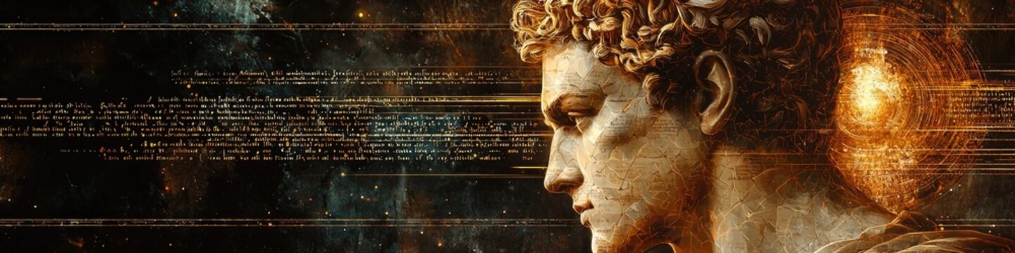 Latin philosopher immersed in ancient texts and symbols merging modern and classical wisdom