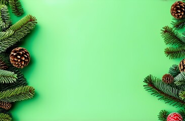 Green background decorated with Christmas tree branches on the edges