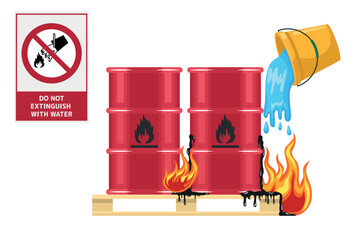 Do not extinguish with water. Dangerous reaction from the application of water to a burning substance. Barrel of oil on fire and putting out the fire with a bucket of water. Flammable material © Ipajoel