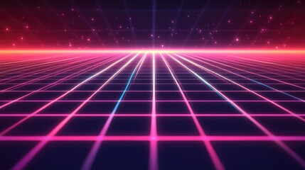 A seamless background with a retro 80s-style grid pattern, featuring neon lines on a dark background for a vintage tech vibe