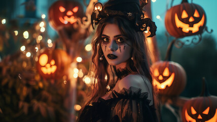 A young girl with makeup and gothic costume at a party stares, on a background of lit pumpkins