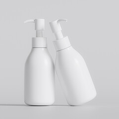 Plastic bottle pump white color, realistic 3D render illustration on gray background