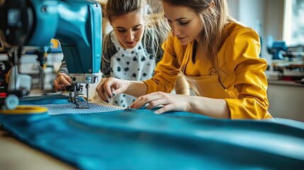 Two women use a sewing machine. This image is perfect for projects related to sewing, fashion design, or craft projects.