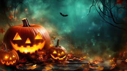 Naklejka premium Jack o Lantern on a wooden table, spooky autumn background with copy space for text.