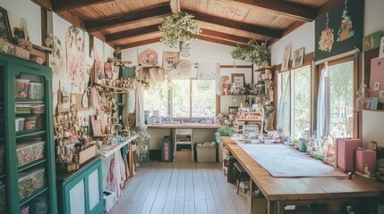 Fototapeta premium A rustic room with a large wooden table in the center, surrounded by shelves and cabinets filled with various items and decorated with hanging dried flowers.