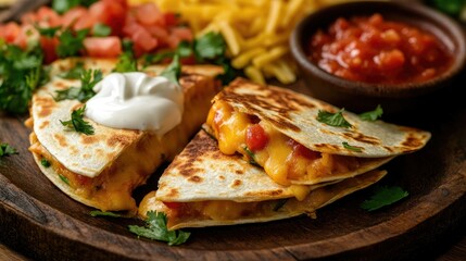 A cheesy quesadilla with melted cheese oozing out, served with salsa and sour cream for dipping.