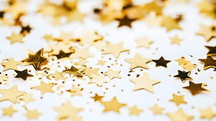 Gold confetti stars close up white background