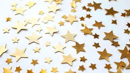 Naklejka premium Gold confetti stars close up white background