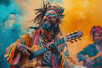 Fototapeta premium Enchanting performance of an ancient musician amidst vibrant hues in a lively celebration