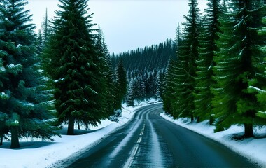Green spruce trees stand in the snow, there is a road in the middle