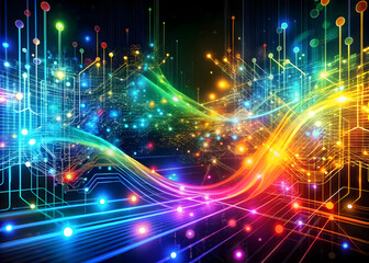 Fototapeta premium An abstract representation of the digital age, with colorful streams of data, interconnected nodes, and glowing circuit boards forming a dynamic, flowing composition