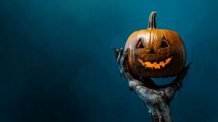 a zombie hand holds an evil jack o lantern pumpkin blue background with space to write. 