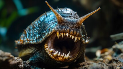 high detailed photo of a monster gross ugly mutated large razor sharp teeth angry snail 