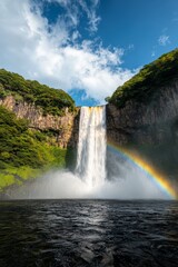 Fototapeta premium A majestic waterfall cascading down a cliff, surrounded by lush greenery and a rainbow forming in the mist