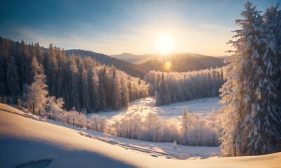 Fototapeta premium Ai Generated Peaceful Winter Sunrise Over Snow-Covered Forest and Frosty Landscape