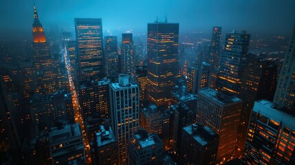 A nighttime cityscape featuring illuminated skyscrapers and a bustling urban atmosphere.