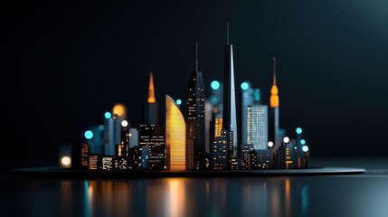 Obraz premium A vibrant city skyline at night, showcasing illuminated buildings and modern architecture against a dark backdrop.