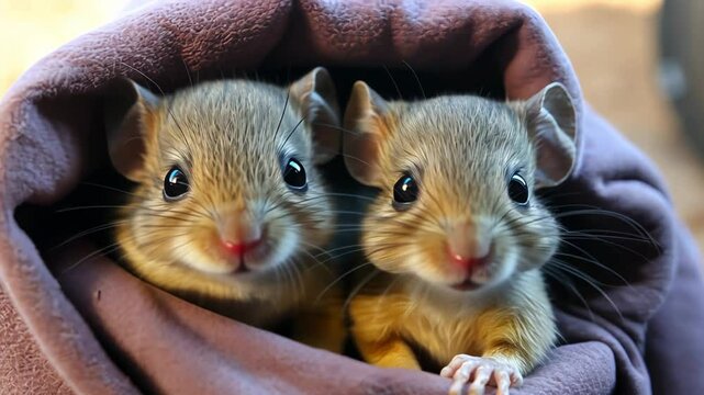 two cute baby rodent snuggled together in a cozy blanket during a sunny afternoon