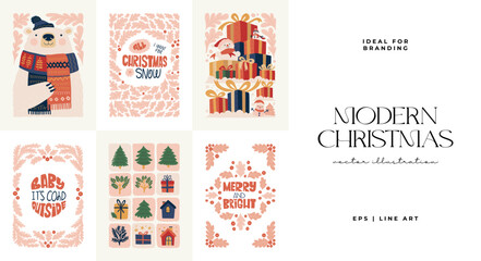 Merry Christmas and Happy New Year illustration. Modern trendy minimal style. Hand drawn design for wallpaper, wall decor, print, postcard, cover, template, banner.