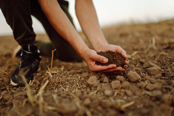 Young woman farmer examining soil with hands during a sunny afternoon in the countryside, engaged in agricultural activity.  Fertile land. 