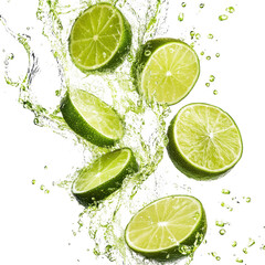 Lime splash  fresh green citrus fruit  sliced  water droplets  transparent background