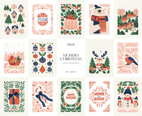 Merry Christmas and Happy New Year illustration. Modern trendy minimal style. Hand drawn design for wallpaper, wall decor, print, postcard, cover, template, banner.