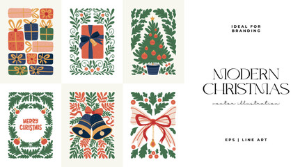 Merry Christmas and Happy New Year illustration. Modern trendy minimal style. Hand drawn design for wallpaper, wall decor, print, postcard, cover, template, banner.