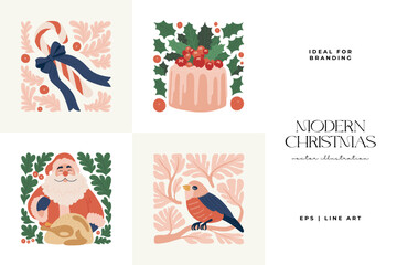 Merry Christmas and Happy New Year illustration. Modern trendy minimal style. Hand drawn design for wallpaper, wall decor, print, postcard, cover, template, banner.