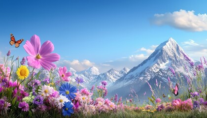 Fototapeta premium A peaceful meadow filled with wildflowers and butterflies, with a snow-capped mountain range in the distance
