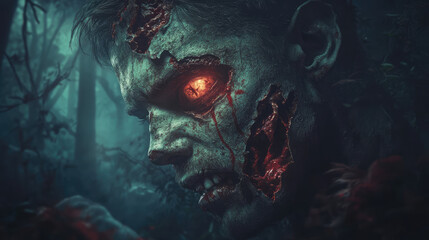 Twisted zombie face with pieces of skull visible through the decaying flesh, blood smeared across its face. Dead eyes glowing softly in the moonlight.