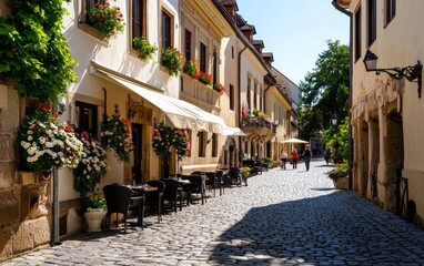 A quaint European village with cobblestone streets, flower-filled windowsills, and people enjoying outdoor cafes