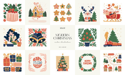 Merry Christmas and Happy New Year illustration. Modern trendy minimal style. Hand drawn design for wallpaper, wall decor, print, postcard, cover, template, banner.
