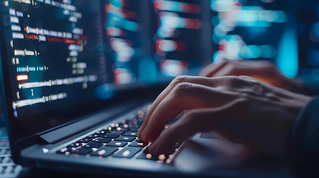 Programmer working on their professional development types on a laptop computer keyboard. Coding Language User Interface on Screens. Development of software and coding, ChatGPT AI and webdesign