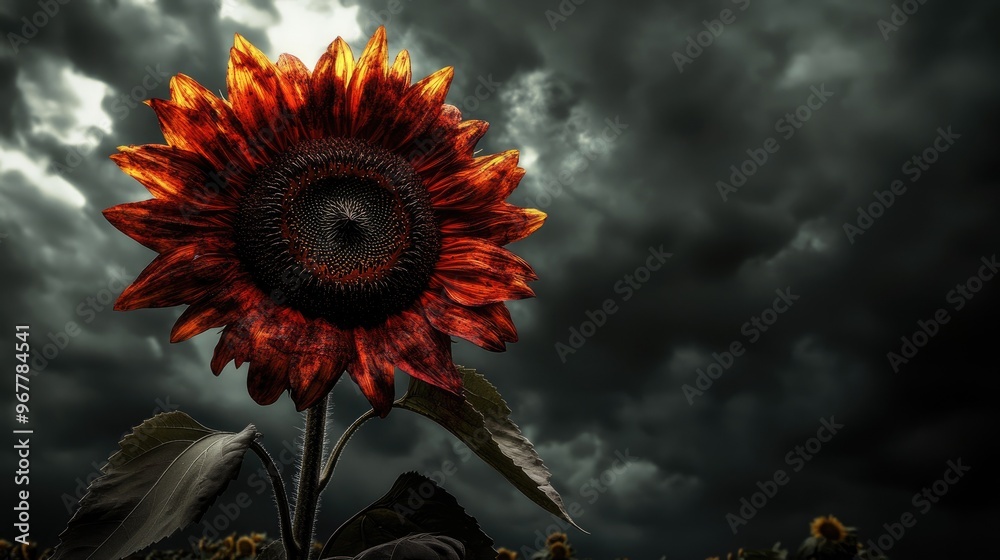 Wall mural A lone sunflower with streaks of blood across its petals, standing strong amidst a stormy sky, symbolizing perseverance through pain