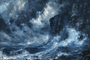 A painting of a stormy sea with a large wave crashing against a rocky shore