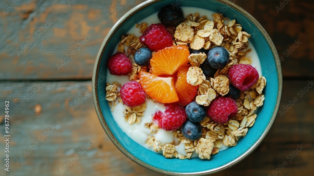 Poster A bowl of yogurt topped with granola, berries, and orange slices, showcasing a healthy breakfast.