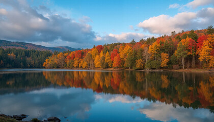 Obraz premium Herbstwaldspiegelung an einem Bergsee mit malerischer Bergkette