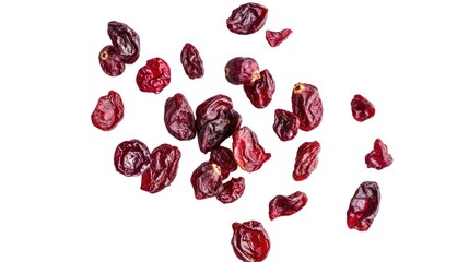 Dried cranberries falling from above, sweet and tangy, mid-air capture, isolated on white
