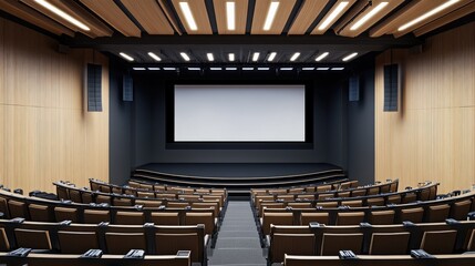 Empty auditorium with tiered seating and a large presentation screen, ready for a seminar, clean and professional