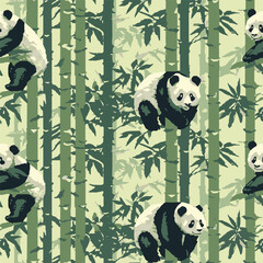 Seamless pattern pandas sit on bamboo branches on a green background in cartoon style