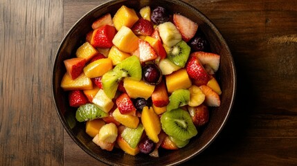 A colorful fruit salad in a wooden bowl, showcasing a variety of fresh fruits.