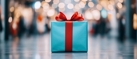 A beautifully wrapped gift box with a red ribbon, set against a blurred festive background, perfect for celebrations and gifting moments.