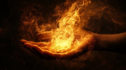 Naklejka premium A person holds flames in their hand, creating a stunning display of fire against a dark background with swirling smoke