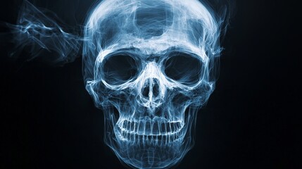 Artistic interpretation of a skull x-ray, glowing edges, dark background