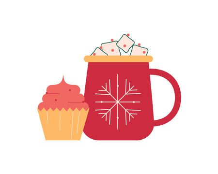 Christmas hot chocolate with marshmallow and cupcake. Winter festive drink and sweet muffin. Warm sweet xmas cocoa with small dessert. Flat vector illustration isolated on white backgroundbaked, bever