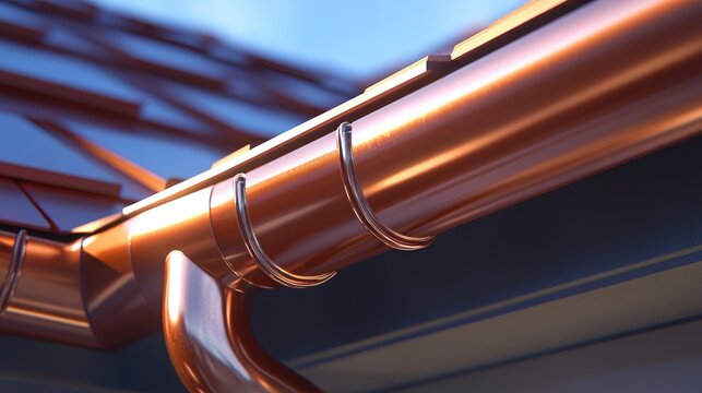 Copper gutter on a roof with a blue sky in the background.