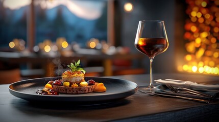 Naklejka premium Elegant dining scene featuring gourmet dessert and fine drink, perfect for showcasing luxury food and ambiance.