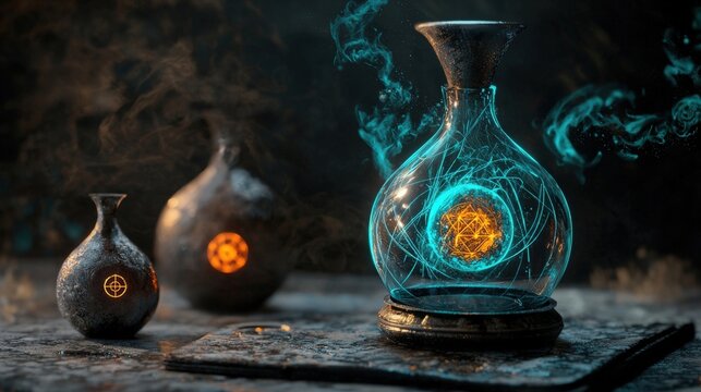 Enchanting potions in mystical flasks radiating vibrant energy and magical essence in a dark, atmospheric setting.