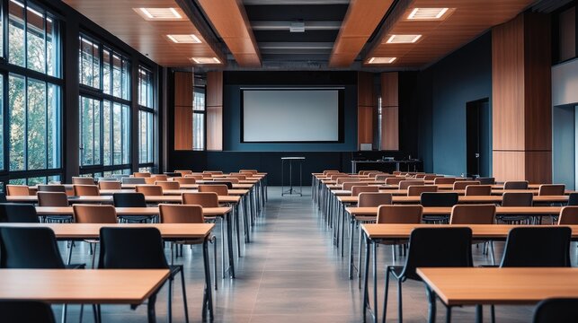 Empty seminar space with rows of tables and chairs, projector setup ready, clean and modern design